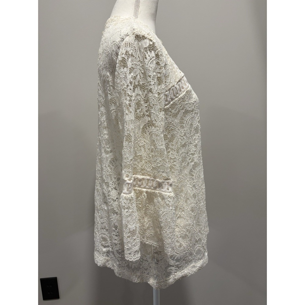 Ann Taylor Loft Women's Large Mock Neck 3/4 Sleeve White Sheer Lace Top Ethereal - Picture 3 of 11